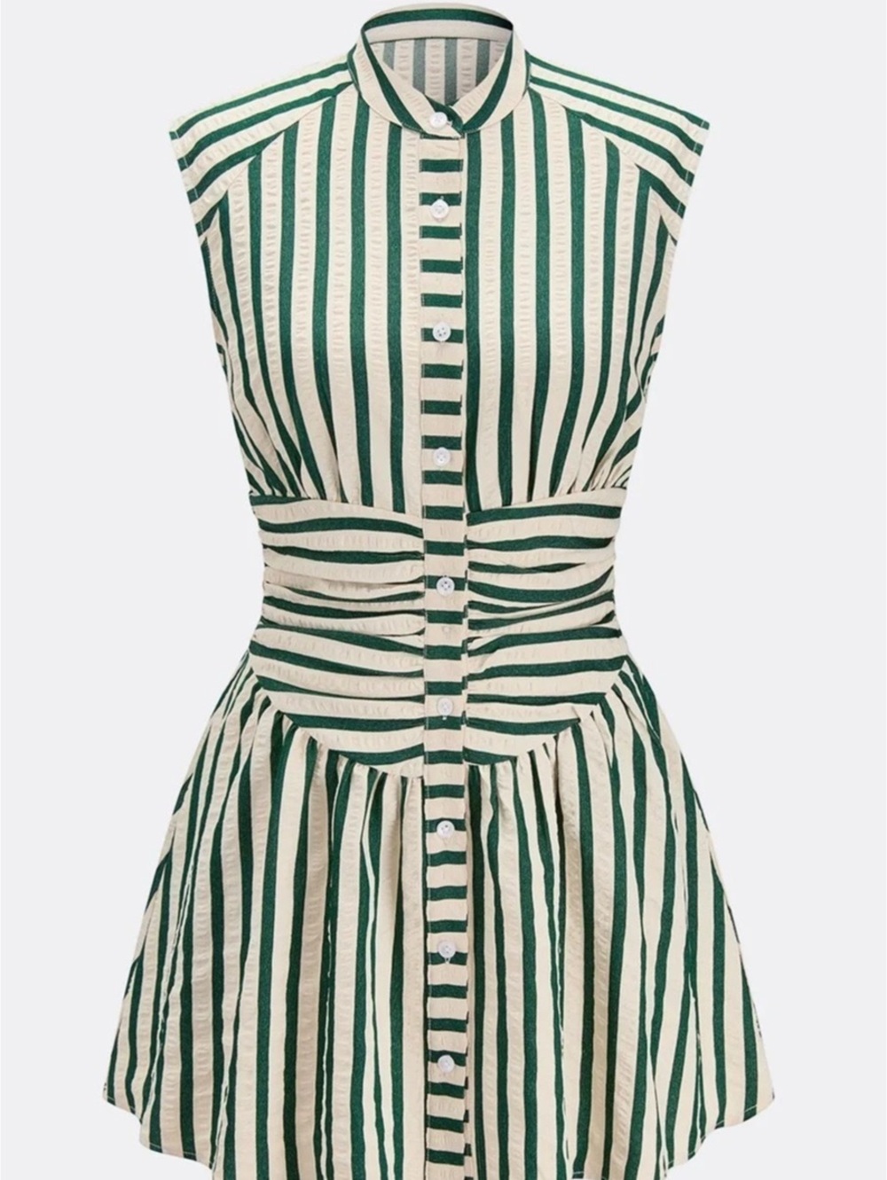 Commense Striped Sleeveless Stand Collar Mini Dress Green & Cream Large